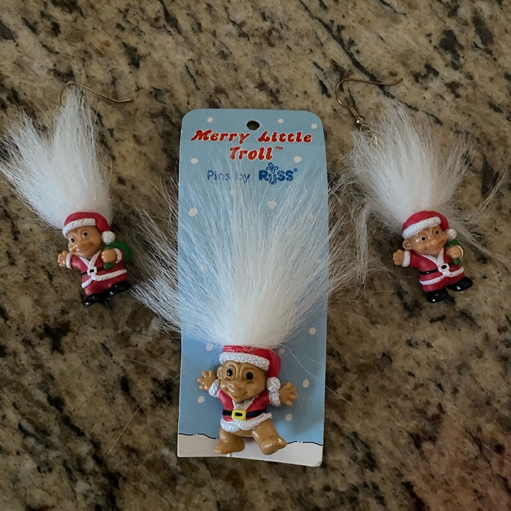 VINTAGE TROLLS CHRISTMAS EARRINGS and PIN